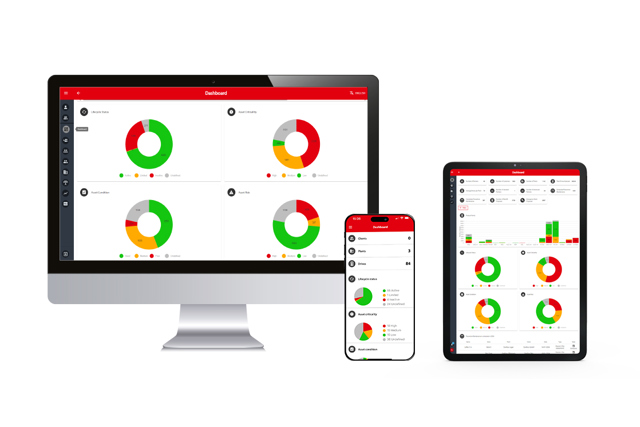 Fleet monitoring dashboard for Danfoss drives shown on desktop, tablet and mobile