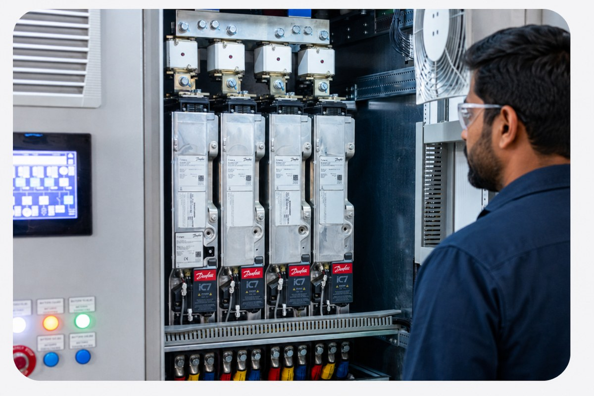 Engineer inspecting an open Danfoss iC7 drive control panel